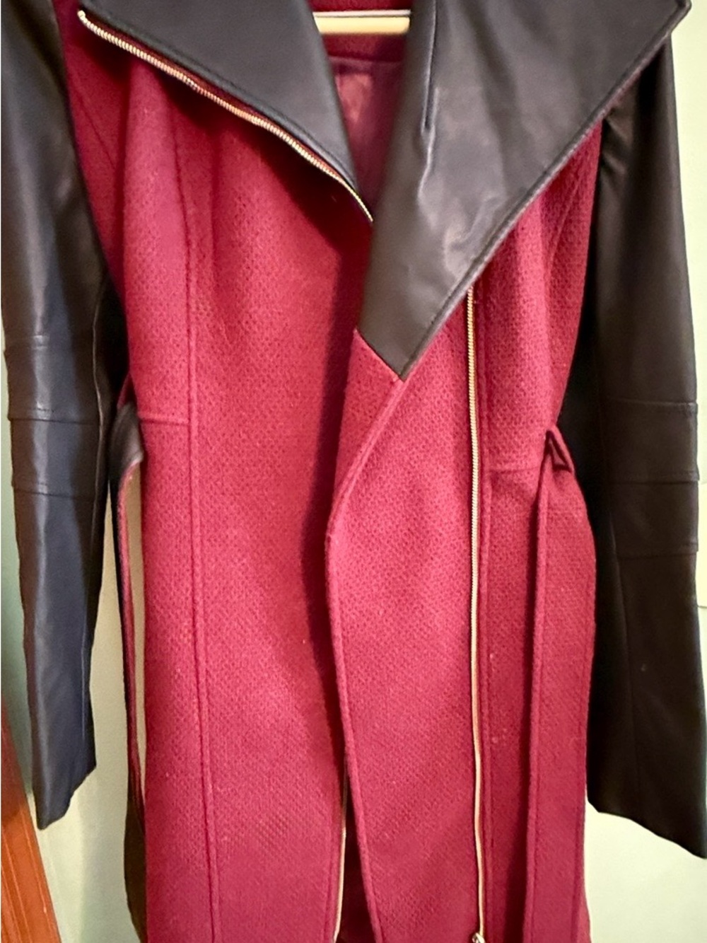 Black Rivet Burgundy Trench Coat with Black Faux Leather Sleeves